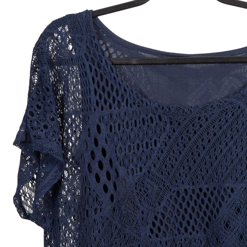La Vanya Crochet Shirt L Womens Navy Blue Sheer Tank Indie Hippie Boho Set - Picture 2 of 5